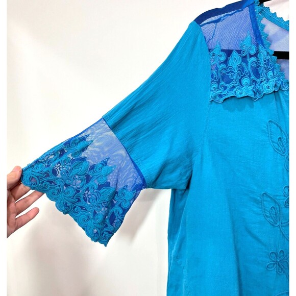 Gretty Zueger Blue Floral Cotton Embroidered Boho Tunic Top Women XL Lagenlook - Picture 2 of 12